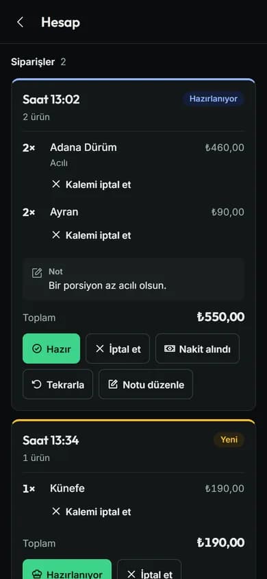 Masa hesabı ekranı: siparişler, mutfak notu, toplam tutar ve nakit alındı düğmesi