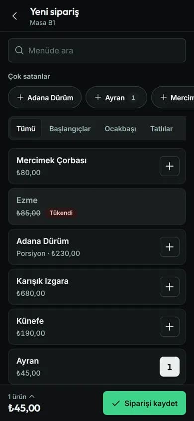 Yeni sipariş ekranı: menüde arama, kategori çipleri, ürün listesi ve sepet