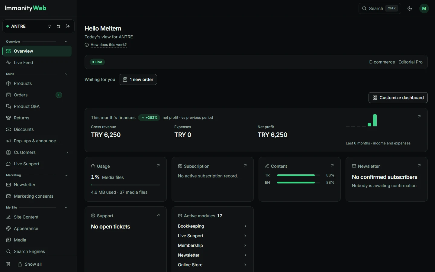 The admin panel overview screen: the menu on the left, the business card and summary cards in the middle.