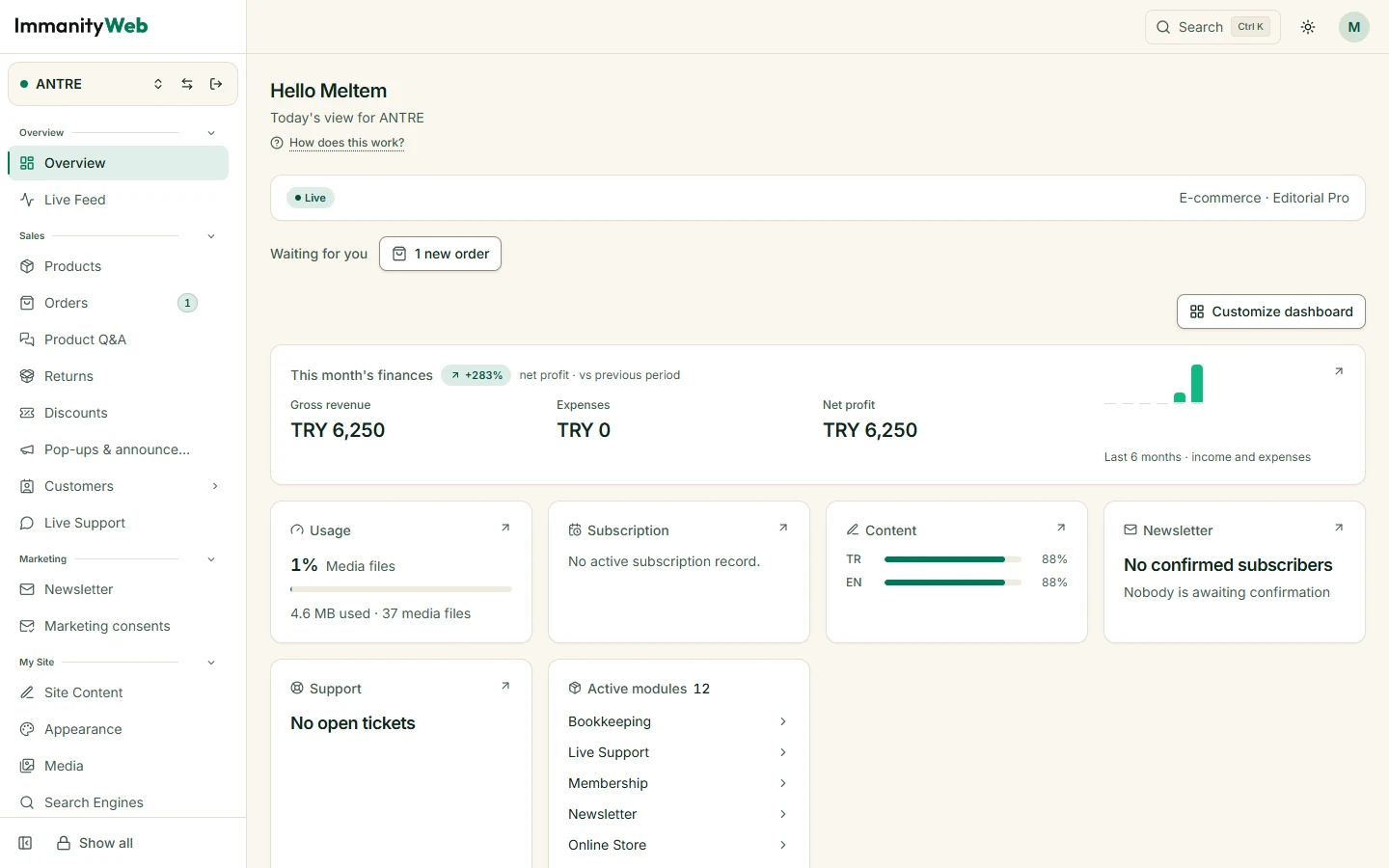 The admin panel overview screen: the menu on the left, the business card and summary cards in the middle.