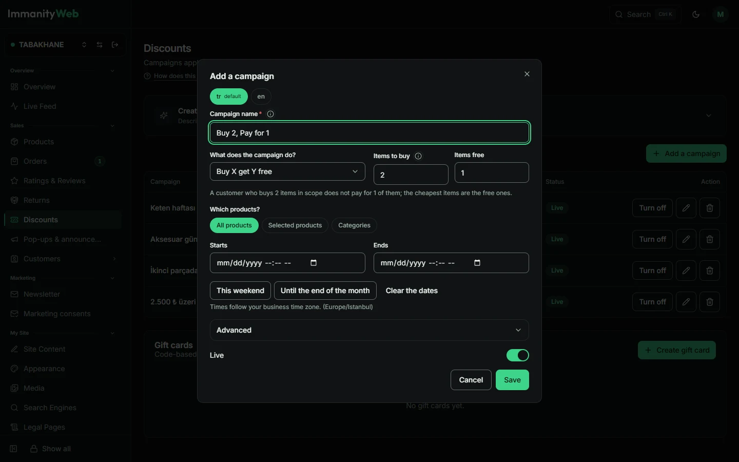 The campaign form on the discounts screen: campaign name, a buy-X-get-Y rule, scope options and a date range.