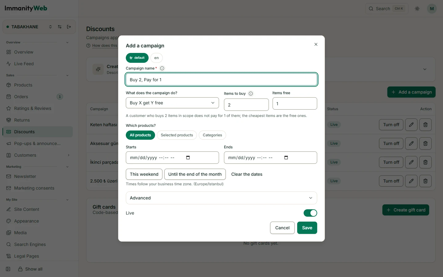 The campaign form on the discounts screen: campaign name, a buy-X-get-Y rule, scope options and a date range.
